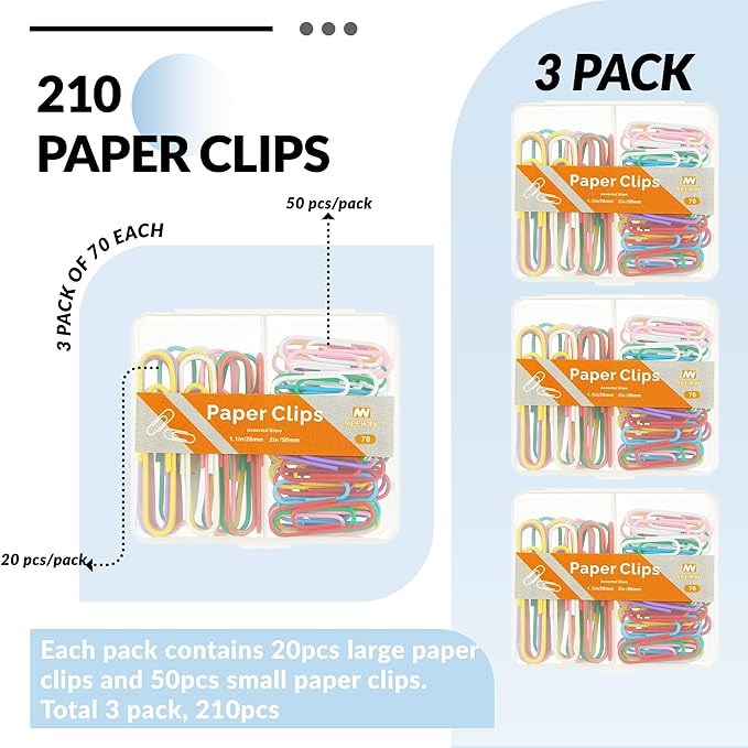 NEEWAY Colorful Paper Clips Assorted Sizes, Small and Large Paperclips, 210 Count, 3 Pack of 70 (Multicolor)