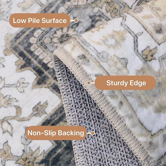 GENIMO 8x10 Area Rugs for Living Room, Machine Washable Non Slip Vintage Rugs, Low Pile Lightweight Chenille Print Rug for Bedroom, Dining Room, Home Office, Heathered Grey