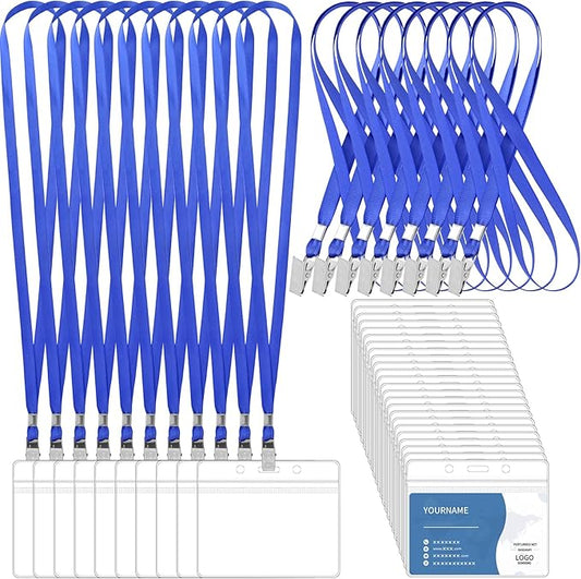 100 Pcs Lanyards for ID Badges and 100 Pcs Clear Name Tag Holders Reusable Lanyard with Clip Plastic ID Card Badge Holder Name Badges for Adults Kids Business School Office Supplies (Blue)