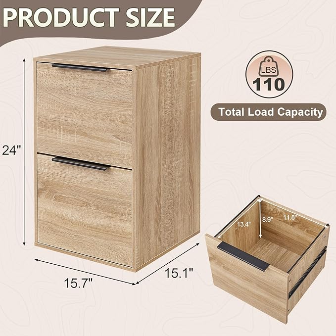 FATIGOS Wood File Cabinet 2 Drawer Filing Cabinets with Hanging Bars for Letter Size, Wooden Samll Vertical Filing Cabinet for Home Office, Oak