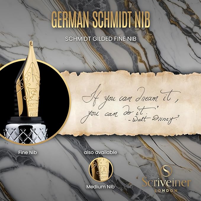 Scriveiner Silver Chrome Fountain Pen (Fine), Award Winning, Heavy Pocket Stunning Luxury Pen, Real Gold Plating and Genuine Schmidt Nib, Includes Converter, Fancy EDC Writing Gift Set for Men & Women