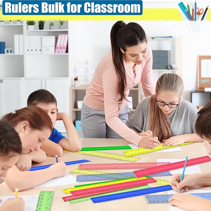 Ruler, 64 Packs 12 Inch Clear Plastic Assorted Color Metric Bulk Rulers with Inches Centimeters Millimeter. Measuring Drawing Tool for Kids, Ideal Back to School Classroom Office Home Supplies