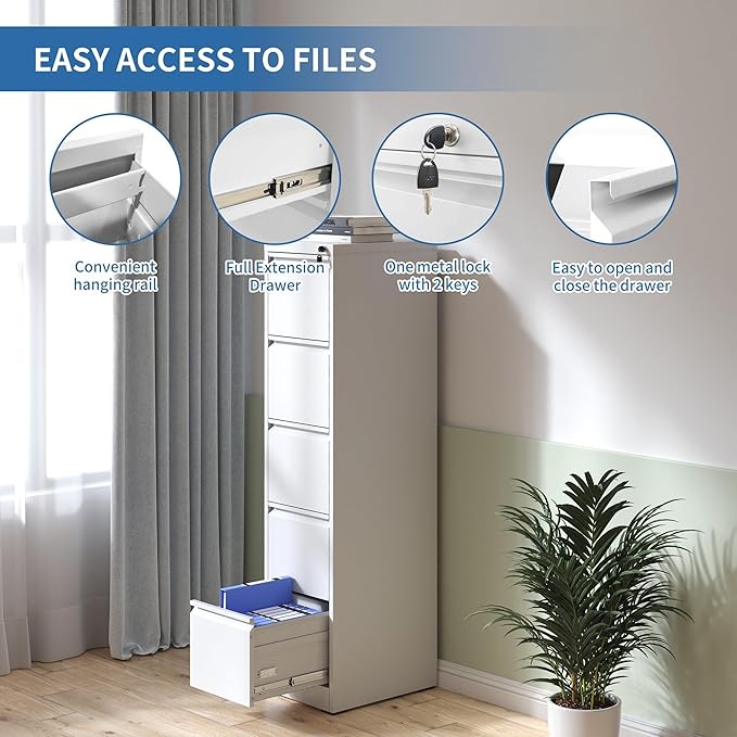 FLIXELIO 5 Drawer File Cabinet with Lock,Metal Vertical Filing Cabinets for Home Office,Heavy Duty File Storage Cabinet for Letter/Legal/A4/F4 Size File,Assembly Require (White, Vertical 5 Drawer)