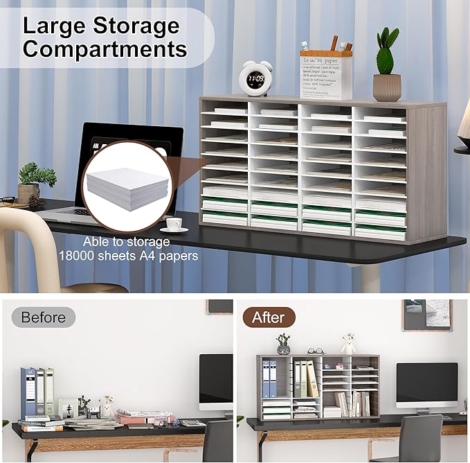 EasyPAG Wooden Literature Organizer with Adjustable Shelves, 36 Compartments Office Paper Organizer Storage 18000 Sheets Letter Size Paper, Student Mailbox for Classroom, Retro Gray/White