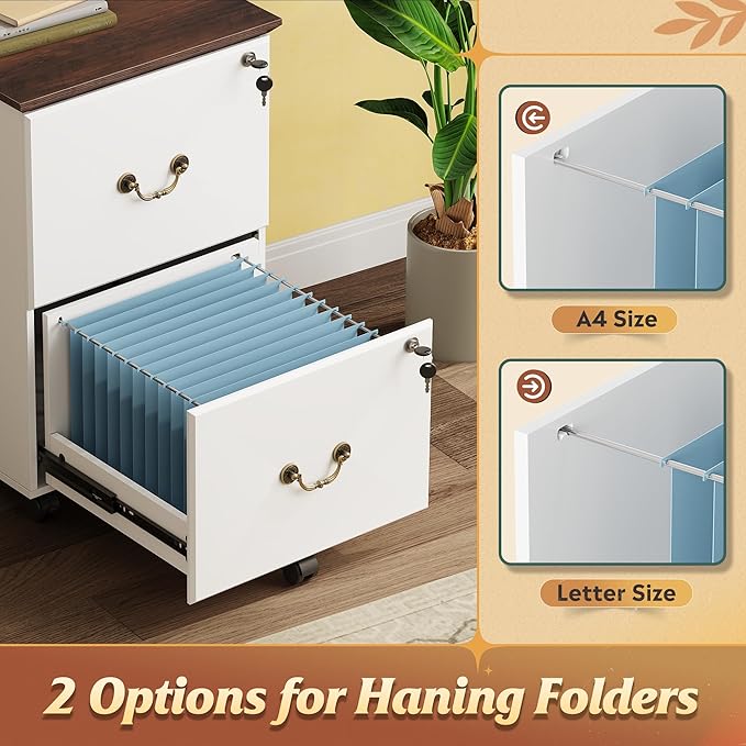 DEVAISE File Cabinet 2-Drawer, Small Office Furniture with Lock, Rolling Under Desk Filing Cabinet for Home Office, White