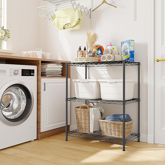 3 Tier Storage Shelves Metal Shelving Unit,Adjustable Wire Rack Pantry Kitchen Shelves,Small Shelf Wire Shelving for Laundry Office Bedroom Dorm Bathroom Closet 24" W x 30" H x 14" D Black Shelves