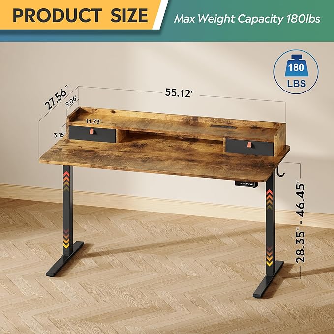DEVAISE 55×28 Inch Electric Standing Desk with Drawers, Computer Desk with 3 Adjustable Height, Storage Shelf, Built-in USB Outlets and Memory Preset, Sit to Stand Desk for Home Office, Rustic Brown