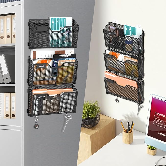 SUPEASY Magnetic File Holder, 6 Pack File Folder Organizer, Wall File Organizer, No Drilling Paper Document Holder & Binder Holder for Home / Office (with Label Panel, 14 * Adhesive Wall Hook)