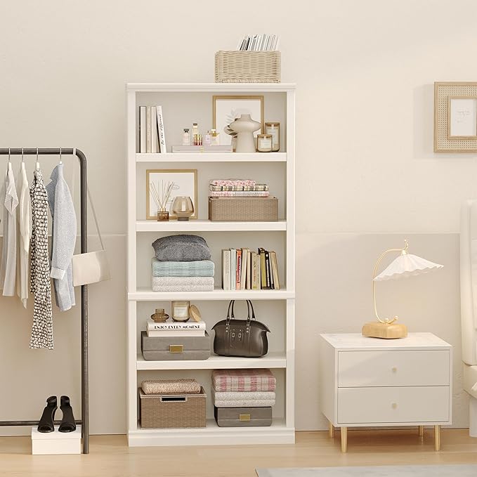 blini 5-Shelf Tall Bookcase White Wooden Bookshelves 33in Wide 5 Tier Bookcases with Adjustable Shelves Floor Standing Display Book Shelves 70 in Tall Bookcase for Home Office, Living Room, Bed Room