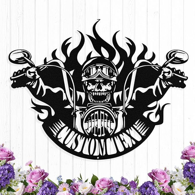 Custom Motorcycle Skull Metal Sign Personalized Biker Name Sign Custom Garage Decor Motorbikes Wall Art Decor Motorcycle Sign Men Room Decor Gifts for Men Husband Rider