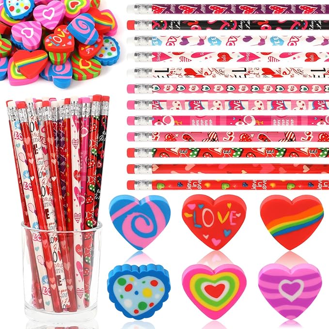 JULMELON 72PCS Valentine's Day Party Favors Set,36PCS Valentines Pencils with 36PCS Heart Erasers, Wooden Pencils for Kids School Classroom Office Party Reward Supplies