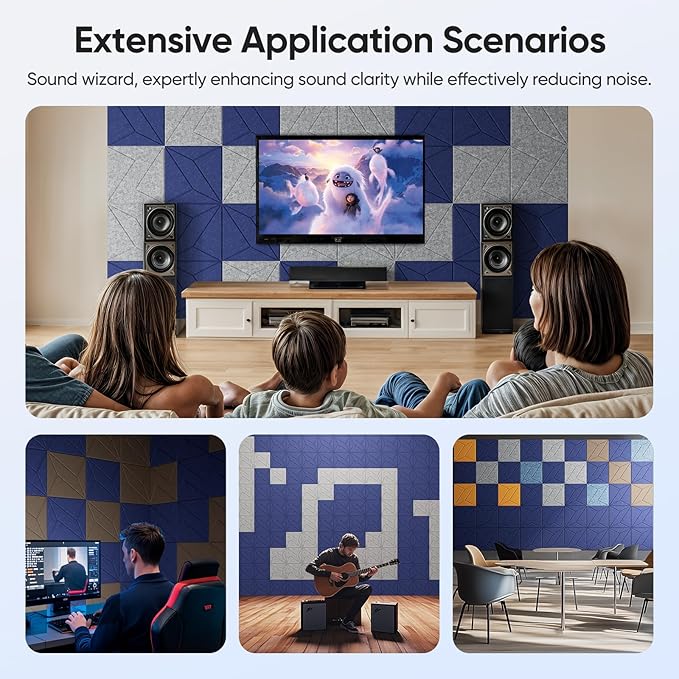 UNECHO 12 Pack 12" X 12" X 0.4" Acoustic Panels for Wall Sound Absorbing, P-Stripes Square Self-Adhesive Sound Panels, High Density Suitable for Multiple Scenarios(Silver Gray)