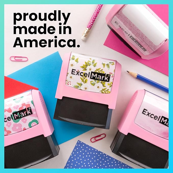 ExcelMark Address Stamp - Custom Return Address Stamp with Elegant Designs, Vibrant Colors & Patterns – Perfect for Mail, Invitations & Gifts (Pink Mount, Foliage Edge)