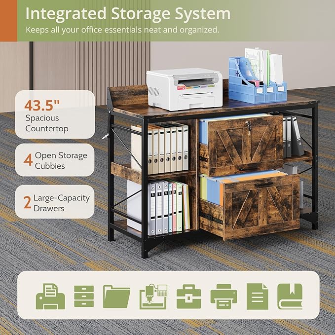 AesthLife 44" File Cabinet for Home Office, Wood Filing Credenza with Built-In Power Outlet, 2 Drawer File Cabinet with Lock, 4 Open Shelves, Metal Shelf, Adjustable Drawer fit to Legal/Letter/A4 Size