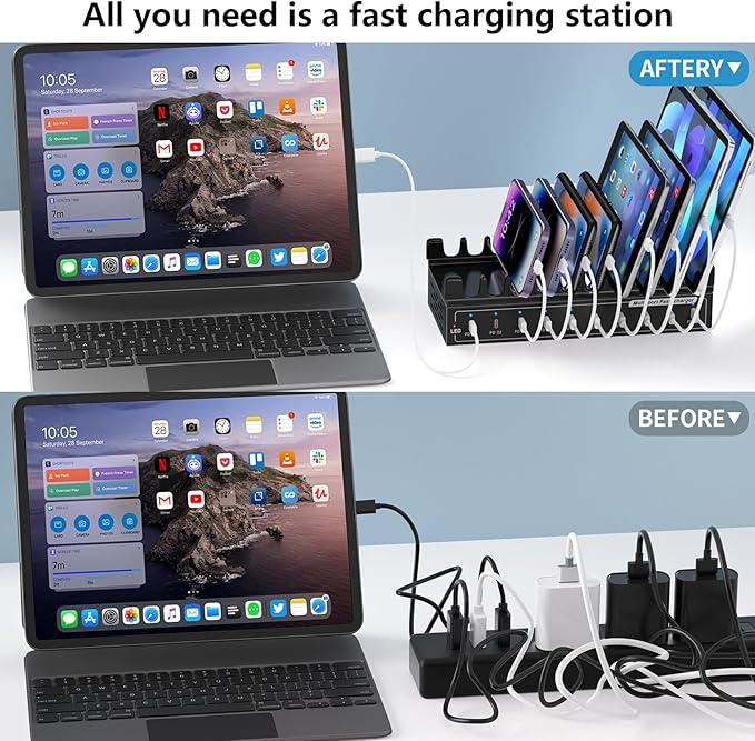 200W Charging Station,Charger with 10 USB C Ports, Stations for MacBook, iPhone, Android Cell Phone, iPad, Tablet, Family Multi-Device Organizer Charging Dock