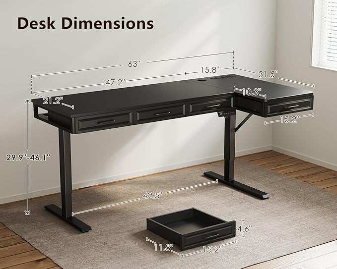 OffiGo L Shaped Electric Standing Desk with Wooden Drawers, 63 Inch Height Adjustable Corner Workstation with Power Outlets, Sit Stand Table for Home, Office, Black