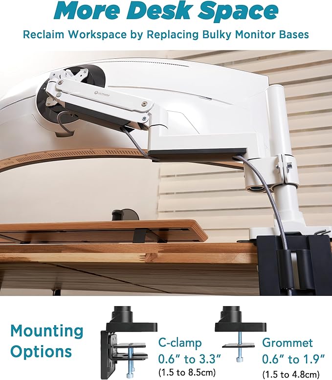 ULTRARM Heavy Duty Monitor Arm for Ultrawide Monitors up to 57" and 44 lbs, Single Desk Stand, Pneumatic Height Adjustable, Modular Extension Arms - Max VESA 100x100, White, MA20PW-S
