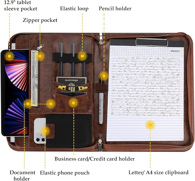 ProCase Portfolio Business Padfolio Folder with Zipper, Conference Meeting Executive File Legal Document Organizer with Pockets Letter Size A4 Writing Pad Notepad Padfolio -Brown