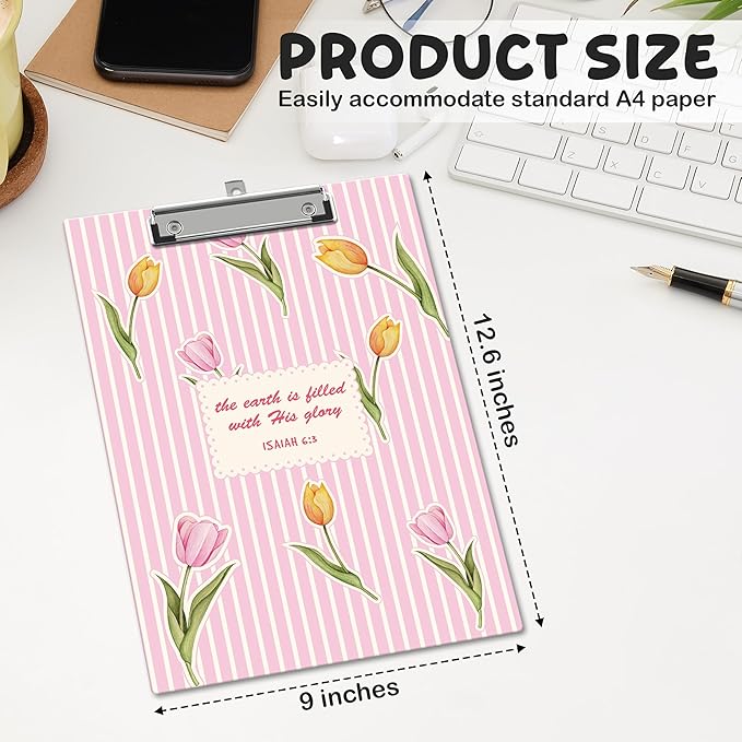 APIILVPQ Tulip Clipboard, Bible Verse Clipboards with Low Profile Clip for Office School Use, Pink Flower Wooden Clip Boards for Nurses Teachers Students - B01