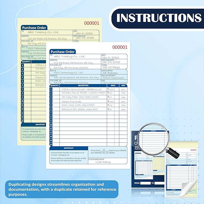 100 Sets Purchase Order Book 5-9/16 x 8-7/16 Inches 2 Part Carbonless Copy Numbered Spiral Bound Purchase Order Forms Receipt Book Invoice Book for Small Business Office (2)