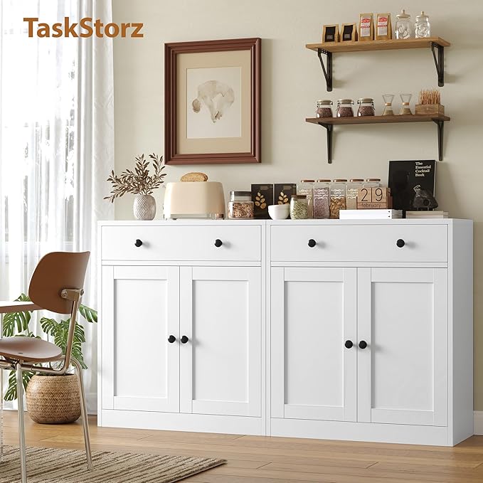 TaskStorz Metal Storage Cabinet with 2 Doors and 1 Drawer, Farmhouse Buffet Cabinet with Storage, 32.3" H Coffee Bar Cabinet with Storage for Kitchen, Dining Room, Hallway, White