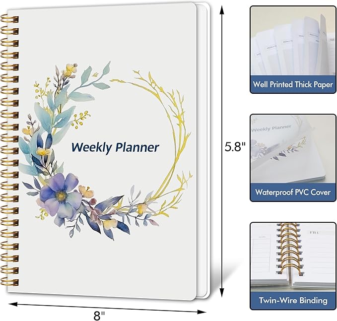 Undated Weekly Planner- Weekly Goals Notebook, A5 To Do List Planner, Habit Tracker Journal with Spiral Binding（Flower-2）