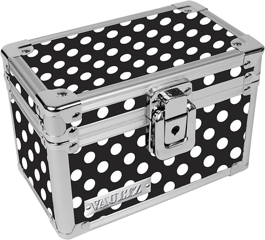 Vaultz Locking Index Card File Box with Flip Top, Holds 350 3x5 Cards, Black & White Polka Dot (VZ03715)