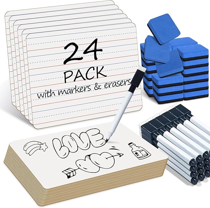 24 Pack Dry Erase Boards, 9"x12" Double Sided Easel Small Whiteboards with Lines for Kids, Students, Education Teacher Classroom, Mini Portable Learning White Boards with 24 Markers, 24 Erasers