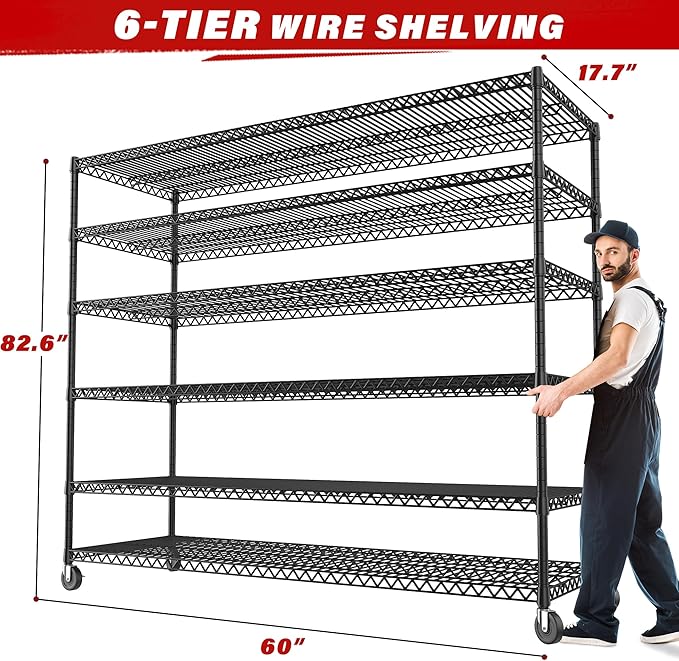 REIBII 82.6" H*60''W*17.7" D Steel Heavy Duty Wire Shelving with Wheels, 6-Tier Adjustable Storage Shelves 3598LBS Commercial Metal Shelves for Pantry, Garage, College Dorm School Industrial Shelving