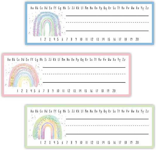 30 Name Tags Labels - Watercolor Rainbow Self Adhesive Name Plates, Desk Label, Locker Stickers for Classroom School, Student, Teacher Decorations & Supplies - A02