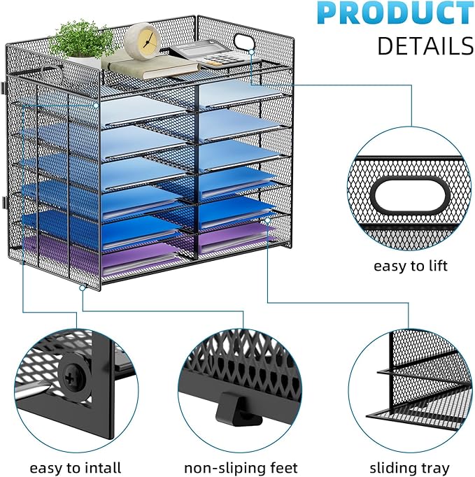 Lavatino 7 Tier Paper Organizer for Desk, Mesh Literature Organizer, Mail File Sorter Tray with Handle, Desktop Mailbox for Office Classroom Home, Black