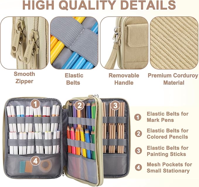 VASCHY Colored Pencil Case, Corduroy Large Pencil Pouch for Art Pens Markers Gel Pens Big Holder Organizer Fits 192 Pencils for Girls Women Camel