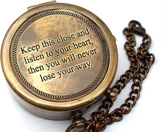 US HANDICRAFTS Listen to Your Heart Engraved Brass Compass | Portable Sentimental Son Birthday, Graduation, Confirmation Gift | Pocket Compass with Wooden Case with Case