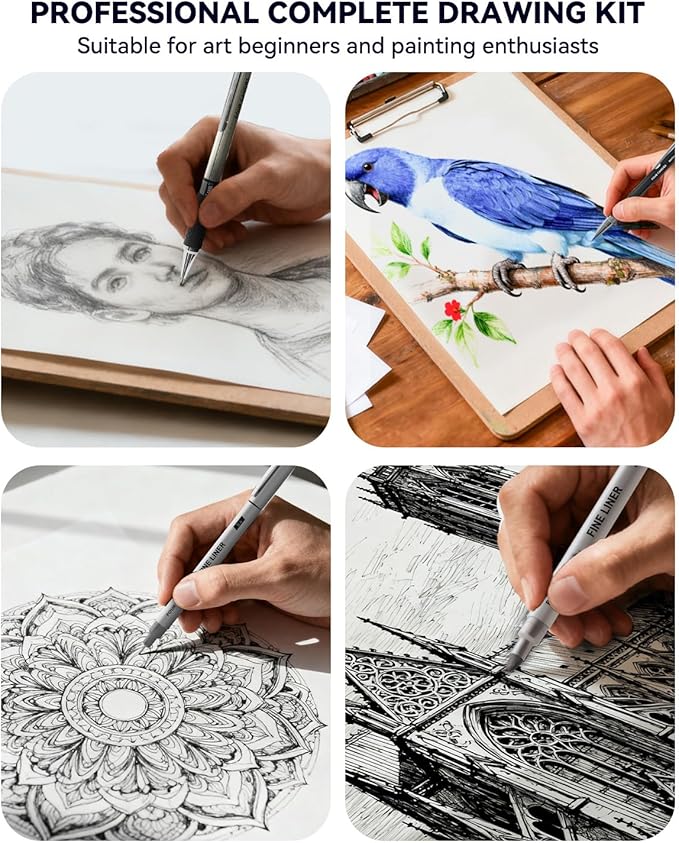Four Candies 52pcs Art Supplies Sketching & Drawing Kit with 10 Micron Fineliner Pens, 6 Drafting Mechanical Pencils,3-Color Sketchbook,27 Lead Refills,School Supplies Gifts for Beginners Adults Teens