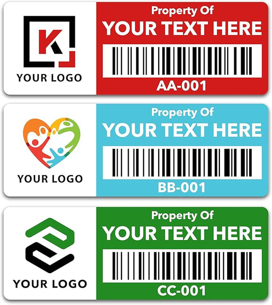 Custom Asset Tags (Upload Your Logo) - Asset Labels with Barcodes - 2” x 0.7” (50-5000 Labels)