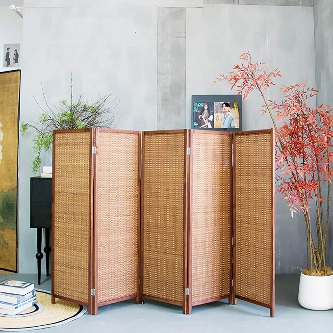 Furnnylane 5 Panel Short Room Divider Screen,Brown Freestanding Partition,Small Bamboo Panel Divider for Room Seperation,3.95 FT Tall