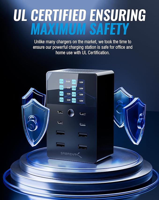 SABRENT Charger, 252W 8-Port Desktop Charging Station w/Real-Time LCD Display, UL Certified | USB C/A, Compatible with MacBook, iPhone, Samsung Galaxy, and Tablets