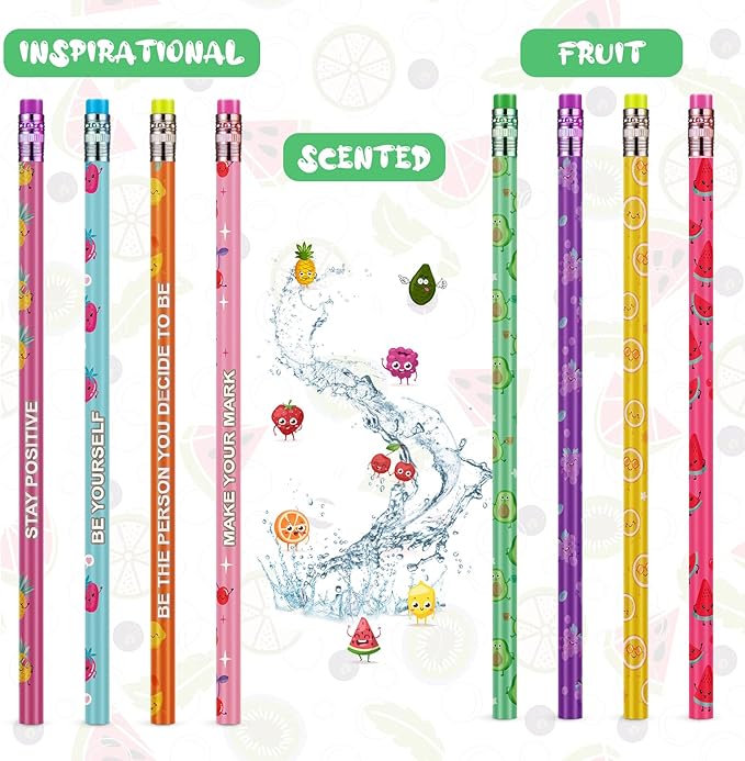Leinuosen 30 Pcs Scented Pencils Bulk for Kids Inspirational Cute Fun Wood Smelly Pencils with Erasers Fruit Elements for School Classroom Office Students