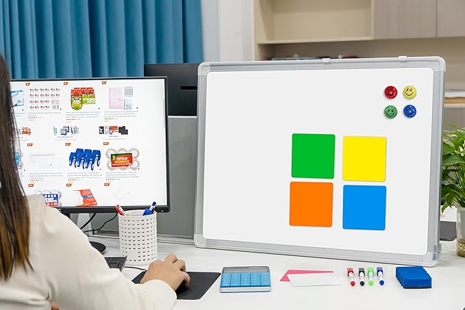 Whiteboard Set - 24 x 18 in Dry Erase Board with 1 Magnetic Eraser, 4 Dry Wipe Markers, 4 Magnets and 6 Magnetic Labels - Wall Hanging Reminder Kanban White Board for Home and Office (24x18 inch)