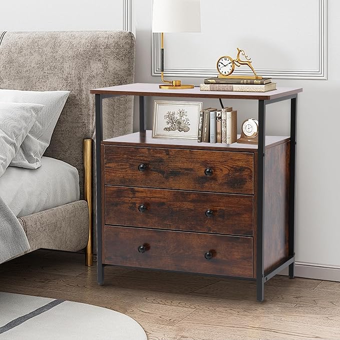 Edbuosy 3 Wooden Drawers Night Stand, 27 Inch Wide Nightstand with Charging Station and Adjustable Drawers, Small Dresser for Closet, Bedside Table for Living Room/Bedroom/Office, Retro Brown.