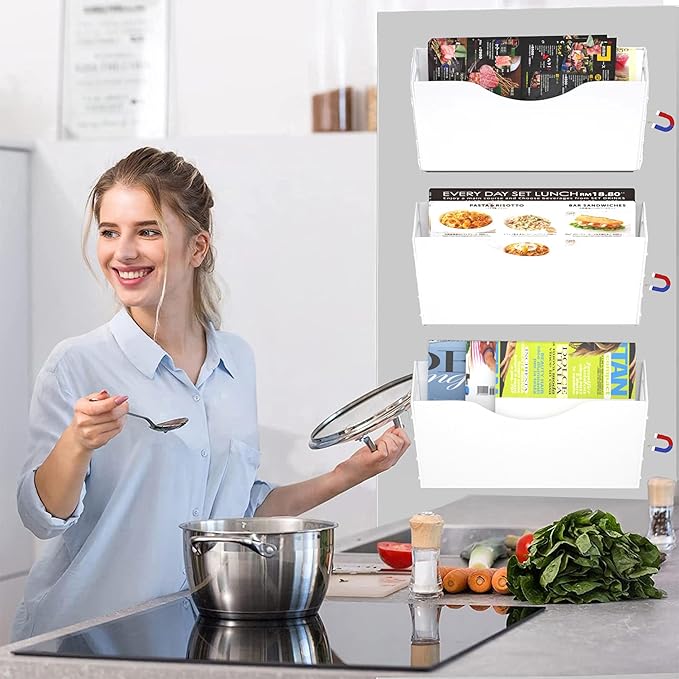 3 Pockets Magnetic File Holder for File Cabinets, Refrigerator, Whiteboard, Magnetic Paper Organizer, Magnetic Mail or Folder Holder,Magnetic Magazine Rack,Wall Mount Hanging Mail Organizer (white)