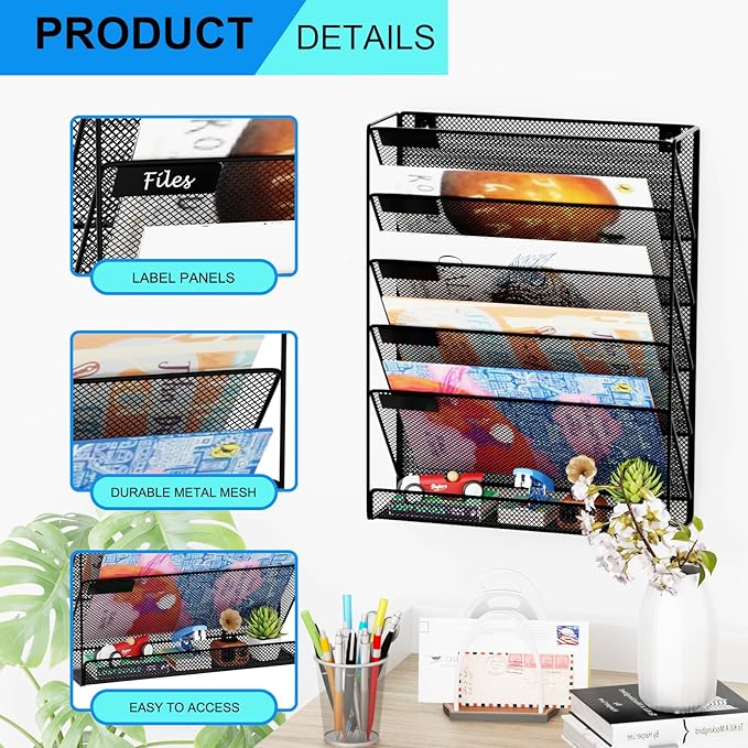 GDINDINFAN Wall File Organizer Holder Mesh Hanging Paper Document Holder,Vertical 6 Pocket Tier for Office Home, Black