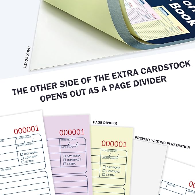 50 Sets Job Work Order Form Book 3 Part Carbonless Work Order Invoice Book 5.5 x 8.3 inch Job Order Forms with Numbers and Tear Off Top with Hard Backing for Business Service (1)