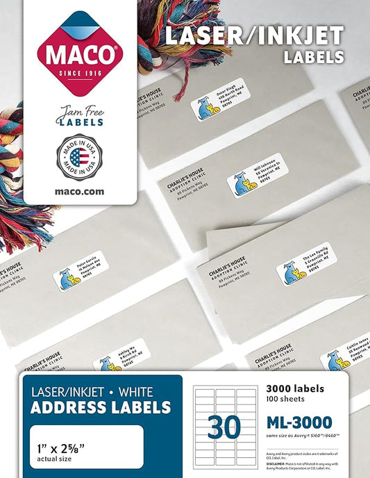 MACO ML3000 White Laser/Inkjet Shipping & Address Labels, 1 x 2 5/8 (Box of 3000)