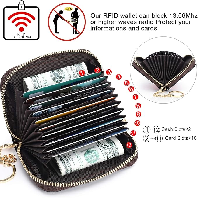 APHISON RFID Credit Card Holder Wallets for Women Leather Zipper Card Case for Ladies Keychain Wallet