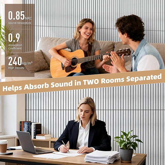 TO-TH Wood-Look Acoustic Wall Panels, 10 Pack 47.2” x 23.6” Sound Panels, Decorative Wood Panels for Wall Sound Dampening Panels for Home, Office, Basement, White Oak with Mitered Edges