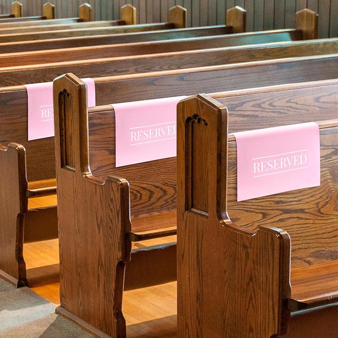 Buryeah 12 Pcs Reserved Seating Signs for Chairs Church Pew Reserved Chair Signs Placeholder with Printed Words for Weddings Parties Celebrations Receptions Church or Event (Pink)