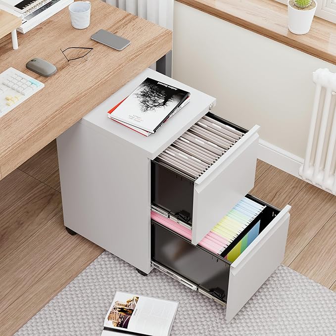 BYNSOE 2 Drawers File Cabinet with Lock Metal Vertical File Cabient with Wheels Mobile File Cabinet for Office Home Legal/Letter/a4 Size Require Assembly (White, 2 Drawers)