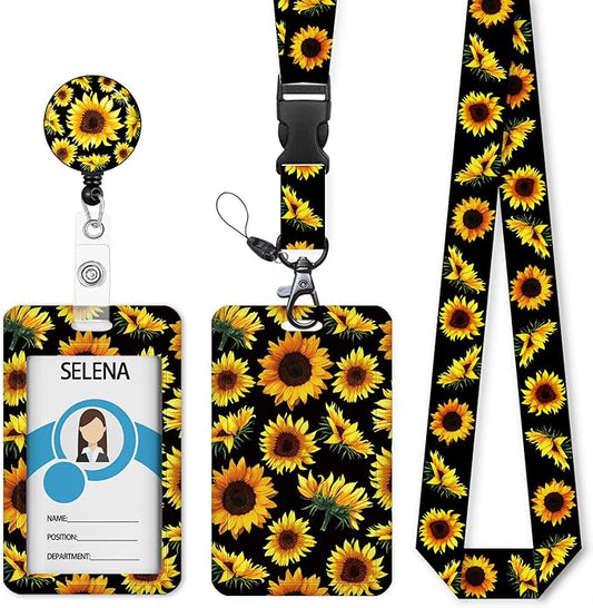 Lanyards for ID Badges Name Tags ID Card Holder,Sunflowers ID Badge Holder with Breakaway Lanyard, Cute Badge Reel Badge Clip Retractable, Women Teacher Nurse Student School Office Gifts, Sunflowers