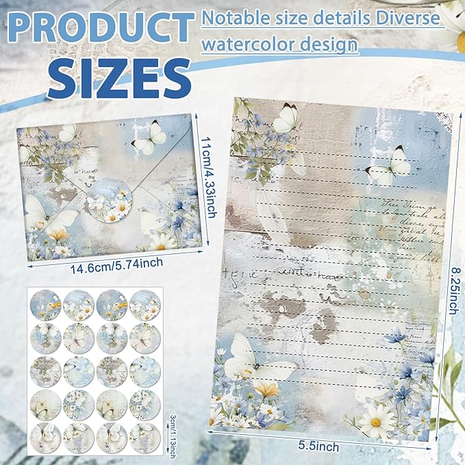 TaoBary 160 Pcs Stationery Paper Set 50 Double Sided Stationery Papers with 50 Matching Envelopes and 60 Round Dot Sticker, 10 Design (Serenity Junk,8.25 x 5.5 Inch)